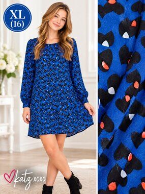 Cato Girls XL 16 Royal Blue Black Heart Print Long Sleeve Shift Dress Keyhole